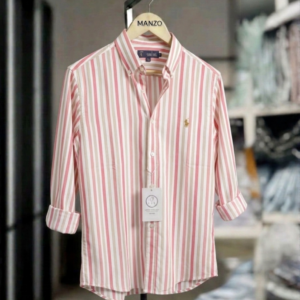 Watermelon Pink with Beige & White Stripes Shirt