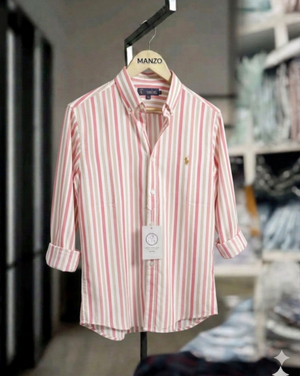 Watermelon Pink with Beige & White Stripes Shirt